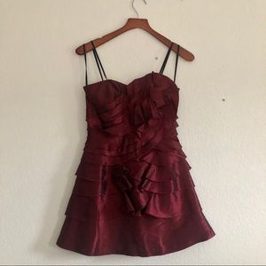 Crimson Strapless Ruffle Cocktail Dress